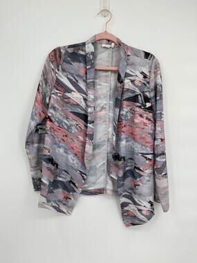 Lush Open Front Printed Long Sleeve Cardigan Small Gray Pink